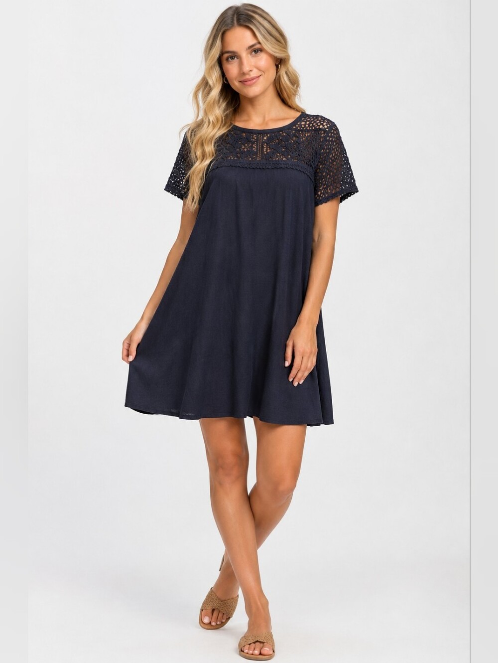 LOFT Navy Blue Lace Midi Dress Size Large  Feminine Relaxed Fit Minimalist